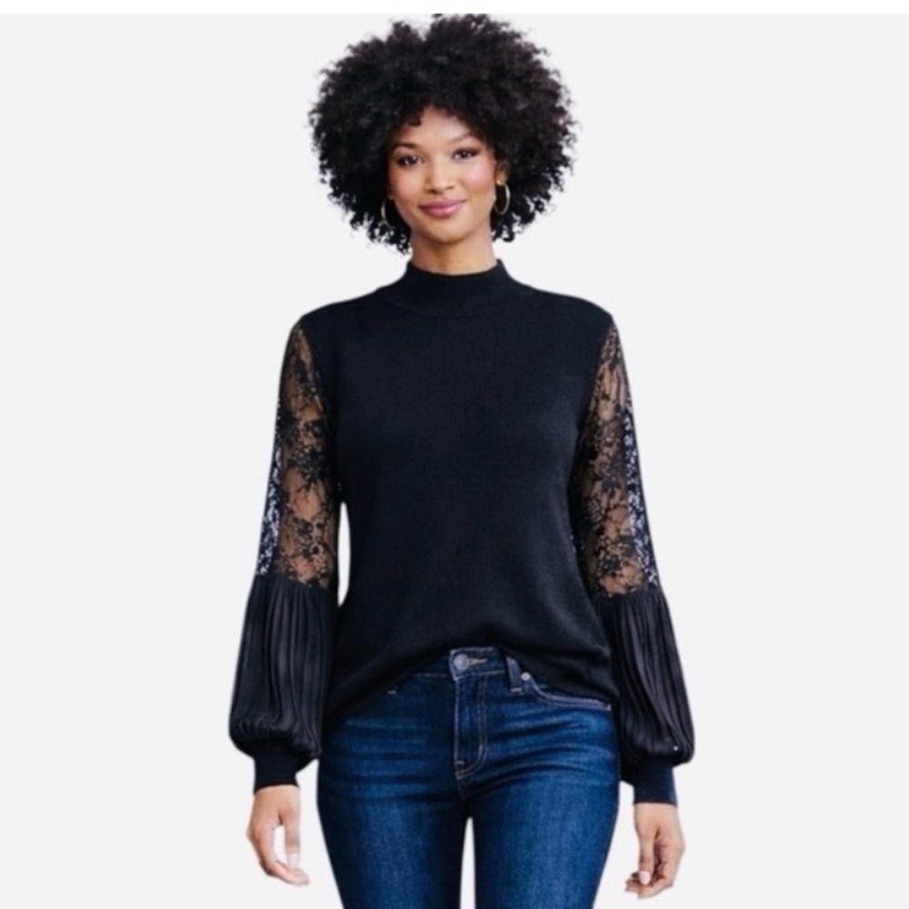 Belldini Lace Sleeve Mock Neck Sweater Pleated Bishop Sleeves Women’s XL